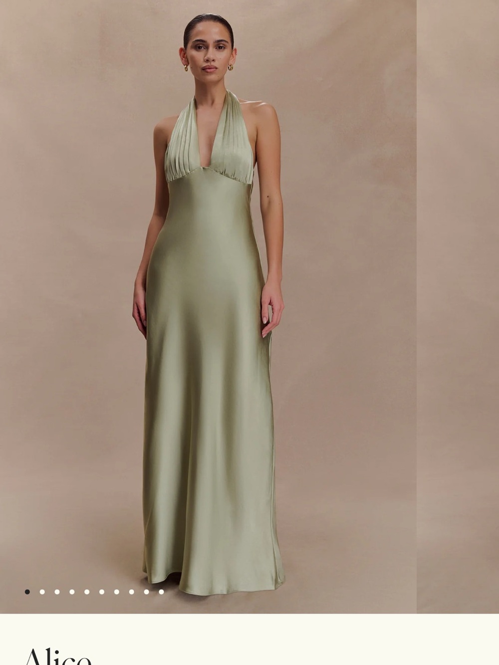 Meshki Olive Satin Halter Backless Gown - Picture 2 of 4